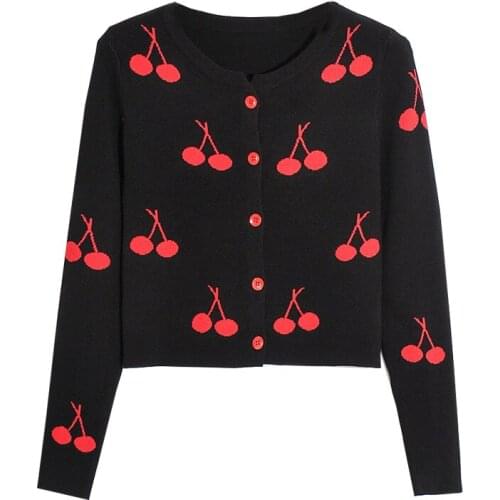 Womens sweater coat new style retro girl cherry flower high waist short cardigan long sleeve wild knit sweater top women