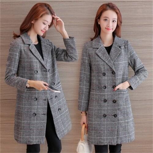 High quality blended woolen cloth coat womens long section thickening Slim lattice autumn and winter Korean woolen coat TB18709