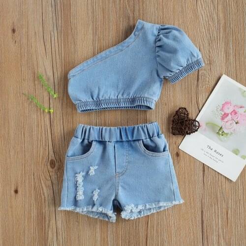 2021 Summer Fashion Girls Two Piece Set Kids Single Shoulder Crop Tops Denim Shorts With Pockets Outfits for Kids Children