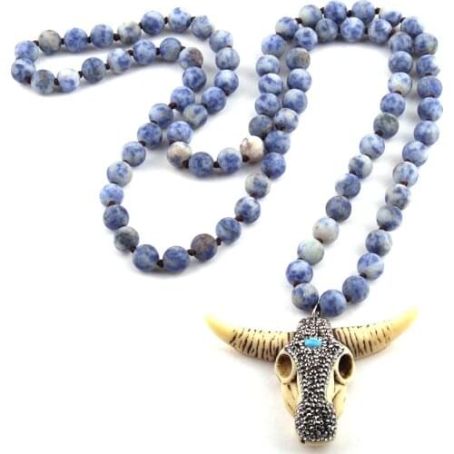 Free Shipping Fashion Bohemian Tribal Jewelry Frosted Stones Knotted Horn Pendant Necklace Women Ethnic Necklace