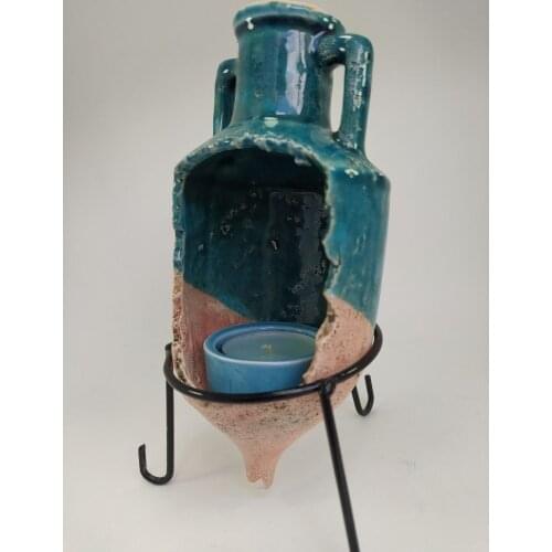 Turquoise Terra Cotta Candle Holder with Metal Legs Traditional Turkish Handmade Boho Home Decor Made in Turkey