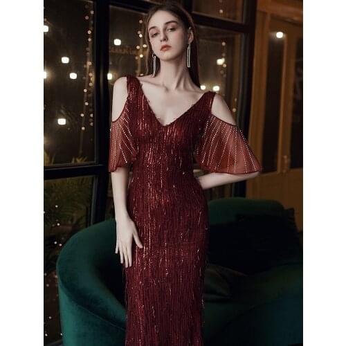Champagne Burgundy Mermaid Prom Dresses Backless V-neck Beaded Sparkling Tassel Sleeve Sequin Wedding Party Evening Gowns Luxury