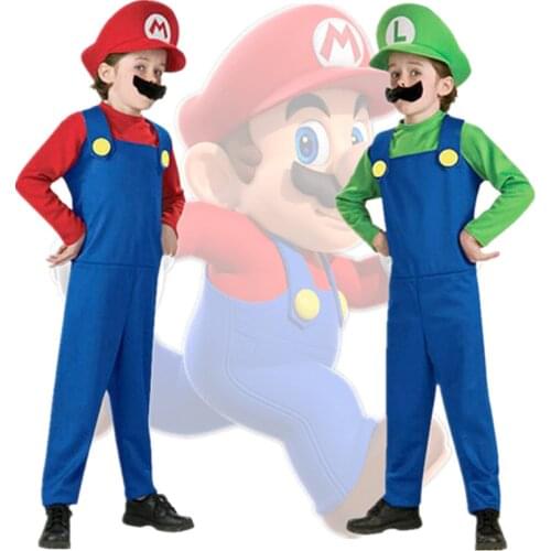 Child Super Mari Bros Cosplay Suit Kids Anime Fantasy Romper Boy Girl Halloween Party Long Sleeve Dress Hat Costume