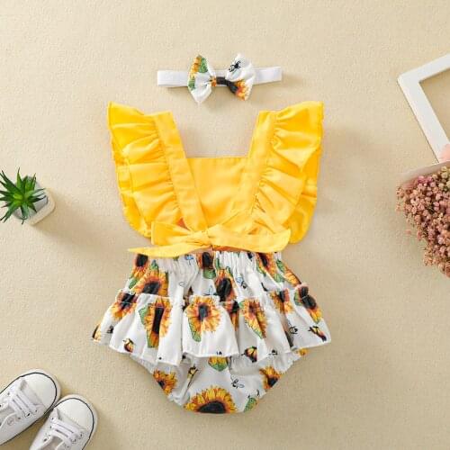 2 Pieces Kids Suit Set, Girls Sunflower Print Square Neck Fly Sleeve Baby Romper+ Headband for Summer