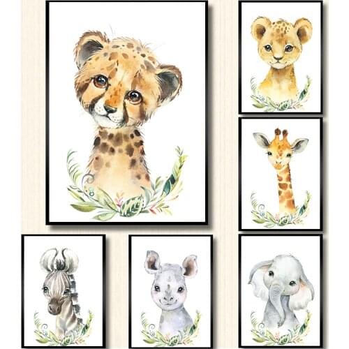 Nursery Animal Poster Safari Elephant Giraffe Zebra Cute Cartoon Kindergarten Children Room Decorative Painting Baby Room Decor