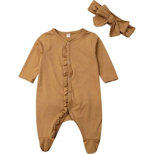 Newborn Kids Toddler Baby Boys Girls clothes Ruffle Button round neck long sleeve Romper solid bow Headband 2pc autumn Outfits