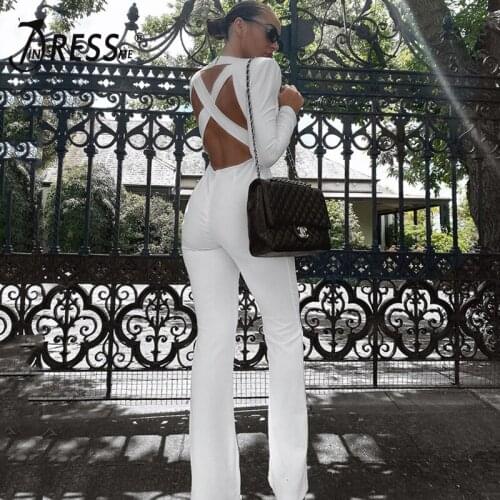 INDRESSME 2020 New White Sexy Plunging Long Sleeve Waist Pleated Lady Party Jumpsuit Criss Cross Back Cut Out Bandage Rompers