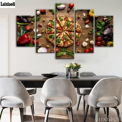 5 Panels Creative Love Pizza diamond painting cross stitch Kitchen Theme Decorative 3d embroidery mosaic full drill rhinestone