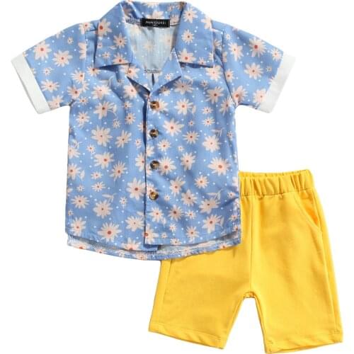 New 2 Pieces Kids Suit Set, Summer Daisy Turn-Down Collar Short Sleeve Shirt+ Solid Color Shorts for Boys, 1-6 Years