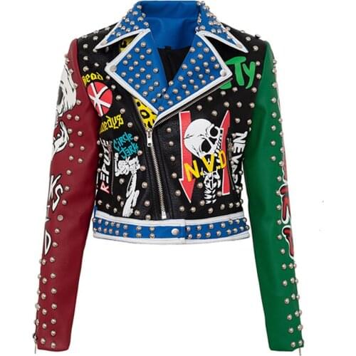 Free Shipping Female Winter Coat Designer Fashion Blue Red Colormatch Print Rivets Punk Faux Leather Jackets Plus Size 3XL