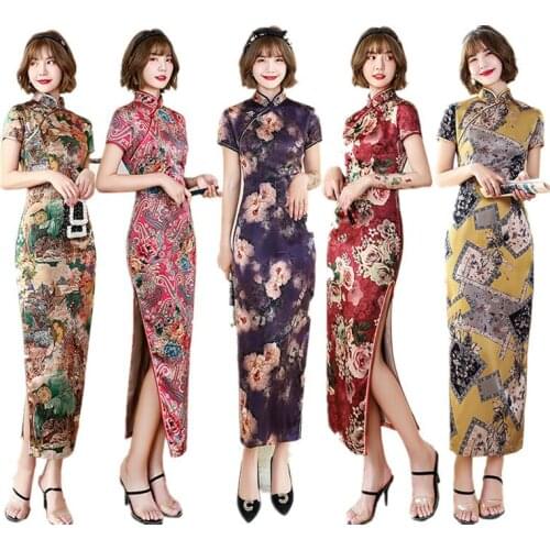 Ladies Summer Silk Satin Long Slim Dress Traditional Chinese Cheongsam Elegant Qipao Stage Performance Clothing Plus Size