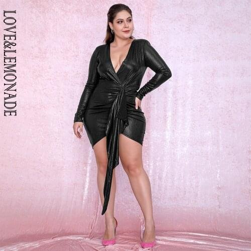 LOVE&LEMONADE PLUS SIZE Sexy Black Deep V-Neck Pleated Ribbon Sparkling Fabric Bldycon Going Out Reflective Dress LM81639-1PLUS