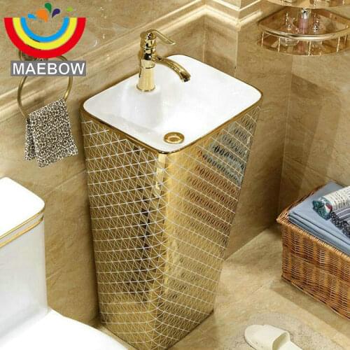 Mosaic Gold Diamonds Rectangular Pedestal Sink Ceramic Bathroom Sink With Stand Pedestal Wash Basin