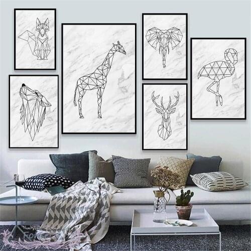 Marble Background Geometric Shape Fox Elephant Deer Bear Flamingo Wolf Wall Art Canvas Painting Nordic Posters and Prints