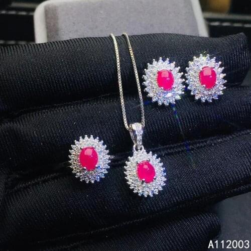 KJJEAXCMY Fine Jewelry 925 sterling silver inlaid natural ruby female ring pendant earring set beautiful supports detection
