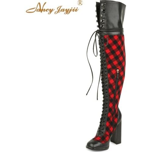 2021 Winter Women’s Luxury Red Gingham Genuine Leather Boots Round Toe Square Heel Over The Knee Booties Female Lace Up Shoes