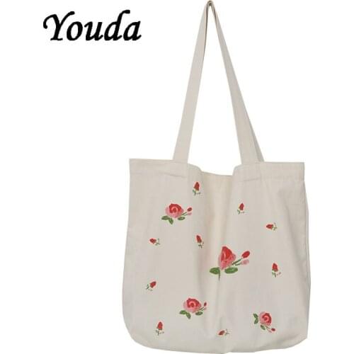 New Womens Canvas Shoulder Bag Student Rose Embroidery Female Tote School Bag Fashion Large Capacity Reusable Shopping Bag