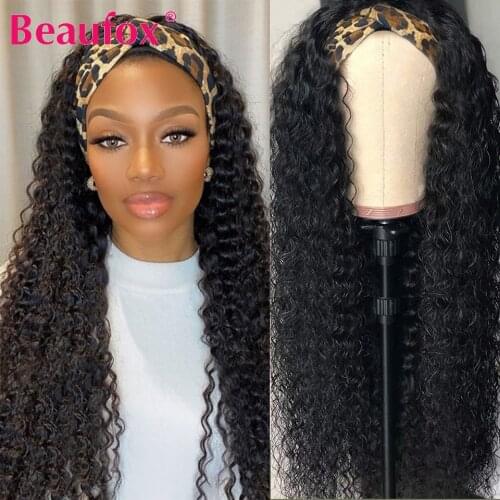 Beaufox Headband Wigs For Women Human Hair Wigs Peruvian Water Wave Wig Glueless Scarf Wig Remy Curly Human Wigs With Headband