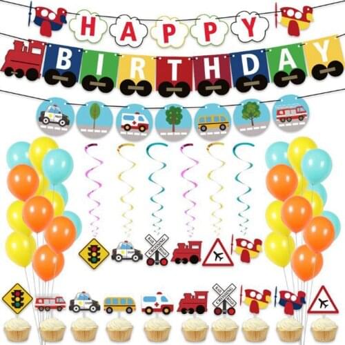 Transportation Cars Theme Balloons Set Happy Birthday Banner Garland Train School Bus Fire Cake Toppers Baby Party