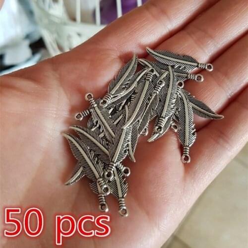 50pcs/Lot Tibetan Silver Color Feather Charm Pendant Accessories Diy Handmade Earring Findings Jewelry Making Supplies Wholesale