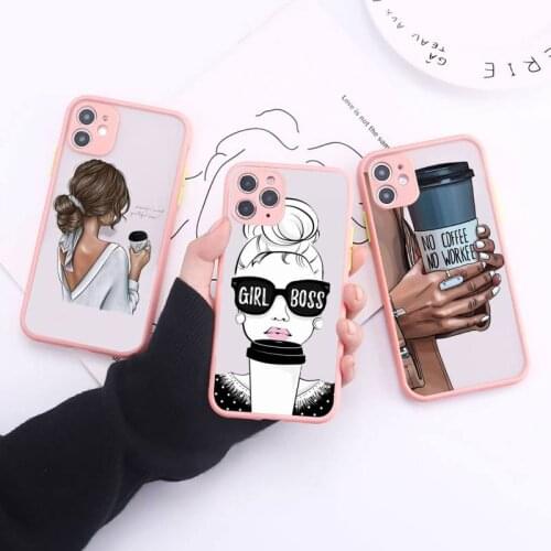 Princess Female boss coffee Simple Matte Bumper Phone Case For iphone12 11 Pro Max X XS Max XR 7 8 Plus 12mini Shockproof Cover