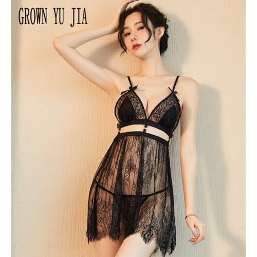 Sexy Backless Lace Women Nightwear Erotic Perspective Intimate Nightgown Female Sling Lingerie Skirt Sleepwear Home Nightg Dress