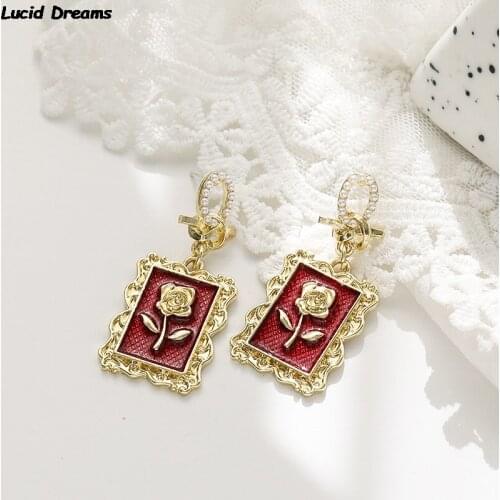 S925 Silver Earrings 2021 South Korea Rose Pearl Earrings Ear Clip Red Flower Geometric Vintage Earrings Trendy Jewelry Women