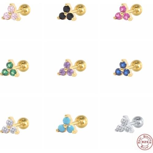 100% S925 Sterling Silver Ear Bone Earlobe Piercing Buckle Colorful Zircon Cartilage Stud Earrings For Women Girls Fine Jewelry