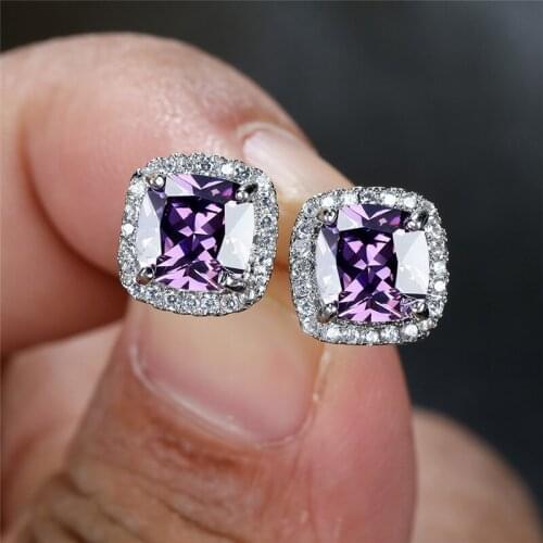 Purple Crystal Square Stone Earrings Multicolor Opal Small Stud Earrings Classic Silver Color Wedding Earrings For Women Jewelry