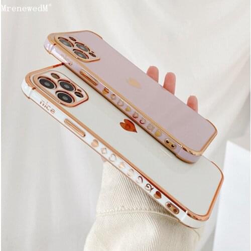 Gold Electroplated Silicone Phone Case For iPhone 11 12 Pro Max X XS XR SE2 Cute Love Heart Bumper On 7 8 Plus Shockproof Cover
