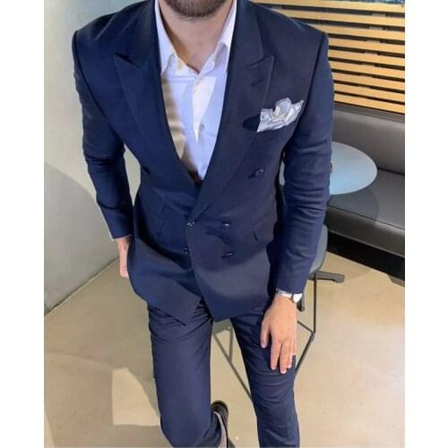 Navy Blue Double Breasted Slim Fit Men Suits for Wedding Prom Peaked Lapel 2 Piece Set Formal Groom Tuxedo Best Man Jacket Pants