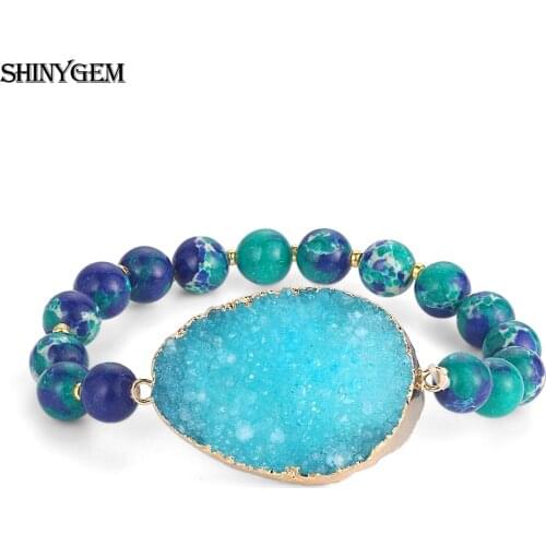 2020 Trendy Charm Yoga Natural Crystal Druzy Bangles 8mm Sea Sediment Imperial Jasper Stone Bracelets Jewelry For Women Wedding