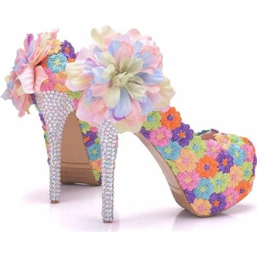 Wedding Party Shoes Flowers Bowknot High Heels 14CM Ladies Shoes Pumps Ethnic Color Pearl Pumps Platform Daily Footwear
