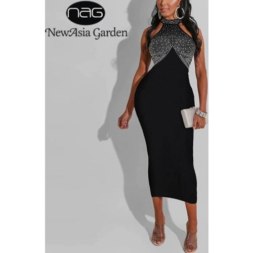 NewAsia Garden Rhinestone Long Dress Women Sleeveless O-neck Bodycon Dress Black Print Sexy Club Dresses Vestidos Woman Clothes