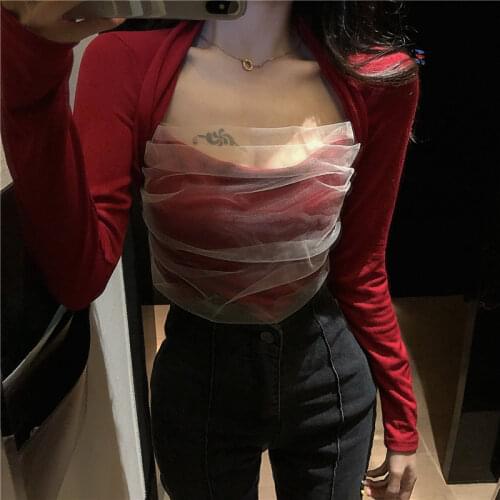 Vintage Slim T-shirt 2020 Fall New Square Neck Mesh Stitching Top Red Black Long-sleeved Bottom Shirt Sexy Womens Clothing