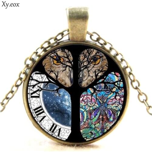 Vintage Bronze Tree of Life Owl Glass Cabochon Pendant Necklace Jewelry