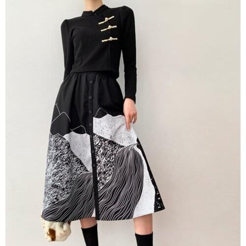 BLLOCUE 2021 Spring Autumn Long Skirts Fashion Runway Designer Loose Print Midi Skirt Female