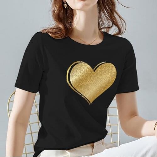 Womens T-shirt High Quality Love Heart Pattern Print Series Basis Black O-neck Female Short Sleeve Lady Tops Tee Drop Shipping