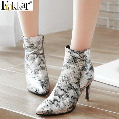 Eokkar 2020 Women Ankle Boots Super Thin High Heel Pointed Toe Animal Print Winter Boots Zipper Warm Ladies Boots Size 34-43