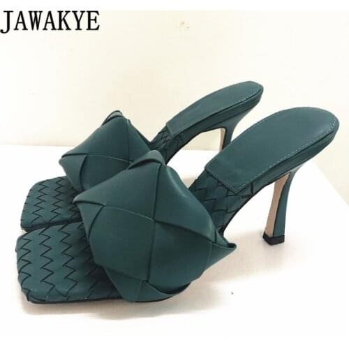 Genuine Leather Cross Woven High Heel Slippers Women Sandals Lake Blue Braided Square Toe Summer Shoes Runway Mules Slides Woman