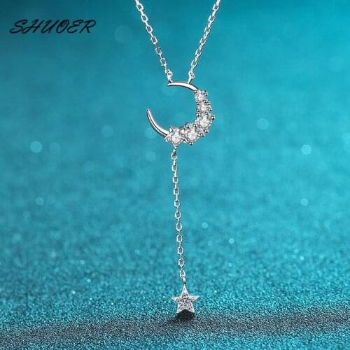 Women Classic 925 Sterling Silver Pass Diamond Tester Brilliant Cut 0.4 ct D Color Moissanite Star Moon Pendant Necklace Gift