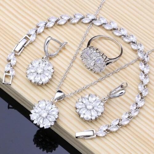 Natural White Cubic Zirconia Bridal Jewelry Set 925 Silver Jewelry Earrings Pendant Necklace Sets For Women