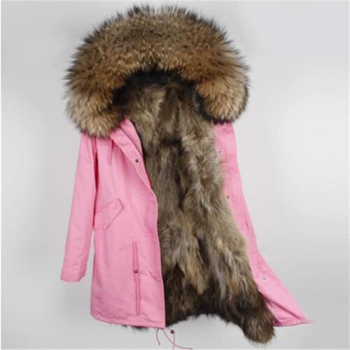 2020 Long Real Fur Coat Female Warm Fur Coat Jackets Natural Raccoon Fur Collar with Real Raccoon Fur Lined Parkas Women Winter