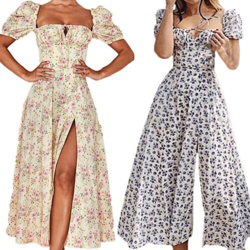 Womens Dress Floral Print High Split Puff Short Sleeve Midi Dress Elegant Long Lace Up Club Party Dresses Sexy Ladies Vestidos