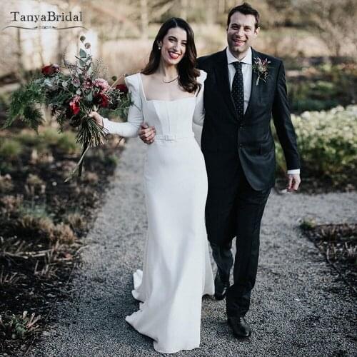 Elegant Simple Wedding Dresses Square Neck Long Sleeve Bridal Gowns Mermaid Vestido de Noivas DW346