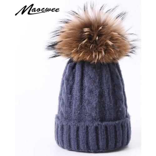 Winter Wool Crochet Caps With Real Fur Pompon Beanie Hat Mother Daughter Son Baby Boy Girl Skullies Beanies Solid Color Ski Cap