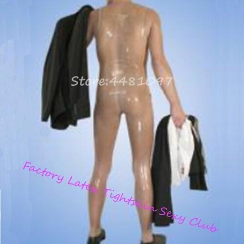 100% Nature Latex Rubber Transperant Sleeveless Bodysuit Zentai Leotard Latex Rubber Fetish Bodysuit with Front Zip For Men