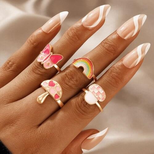 4pcs / set lovely sweet mushroom rainbow heart pink butterfly ring gold plated ring girl party jewelry Christmas gift