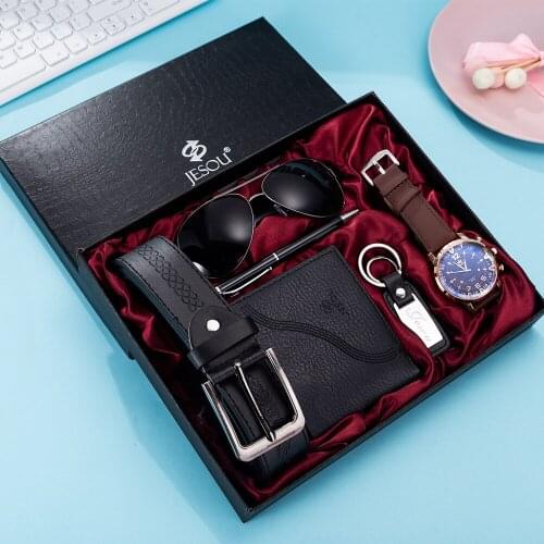 6pcs Gift Set for Mens Christmas Gift Fashion Big Dial Quartz Watch Sunglasses Key Ring Pen Top Quality Belt for Men Relojes