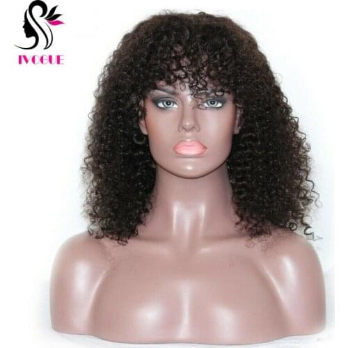 Afro Kinky Curly Human Hair Wig with Bangs Monglian Remy Hair Scalp Top Wig Silk Base Full Machine Wig with Fringe 200% Density